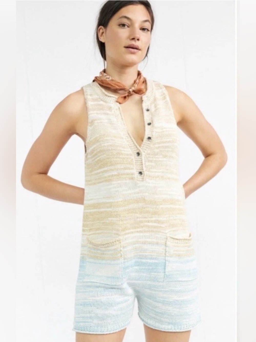 Daily Practice by Anthropologie Yellow Blue Striped Knit Romper – Large NWT